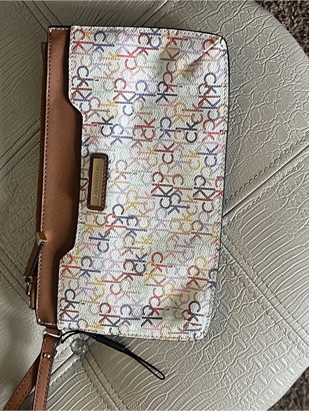 Calvin Klein Multicolor Logo Foldover Wristlet with Tan Trim